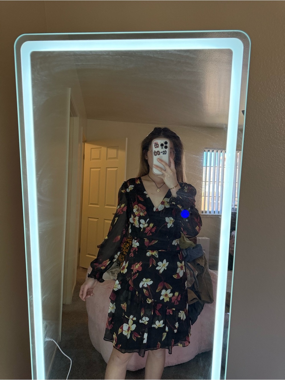 Dkny Black Floral V-Neck Long Sleeve Tiered Dress